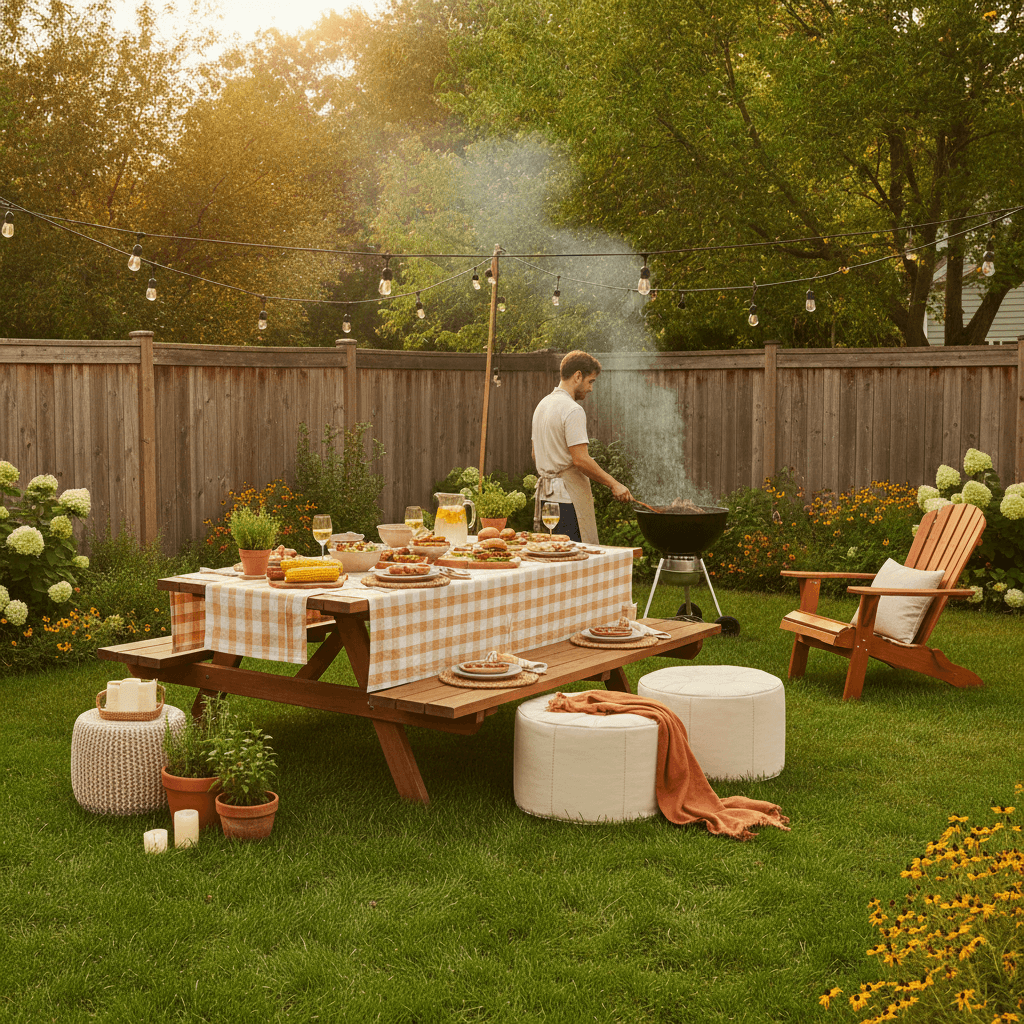 A welcoming backyard prepared for a family cookout