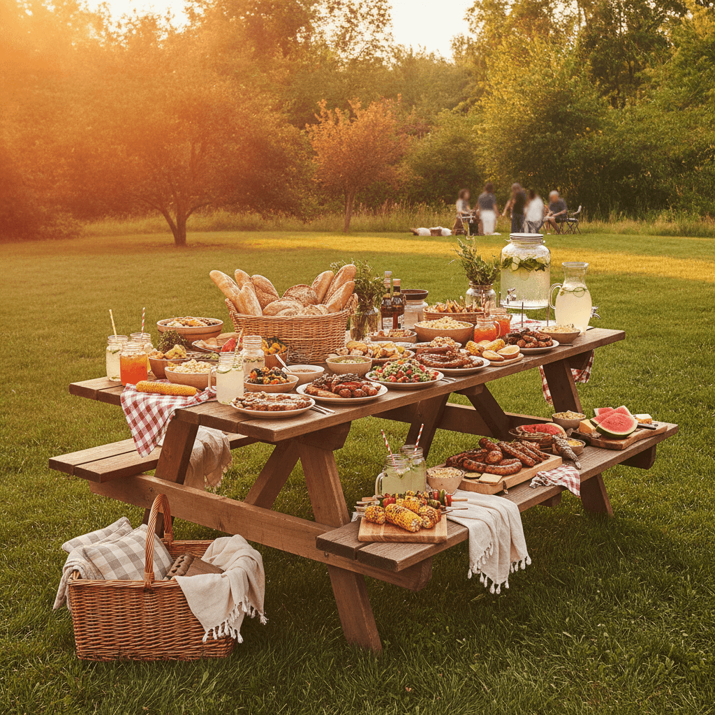 A sunny backyard cookout table full of fresh food and picnic accessories